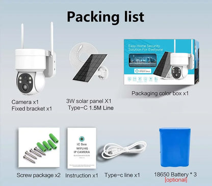 Cámara de seguridad exterior inalámbrica IP de 4 MP con alimentación solar, WiFi, batería de 7800 mAh, detección humana PIR y visión nocturna.