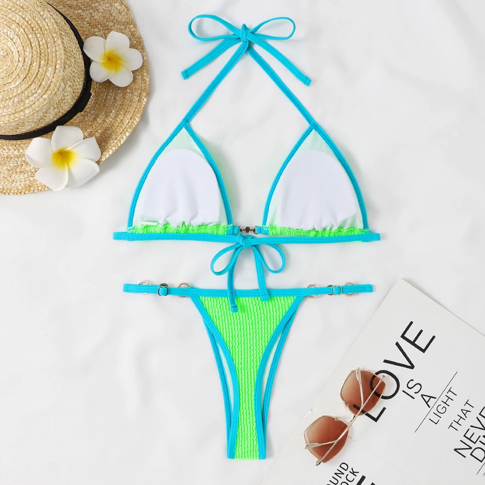 Traje de baño para mujer 2025, traje de baño de dos piezas con cuello halter, conjunto de bikini para mujer, ropa de playa de verano, traje de baño con cordón ajustable, tanga, copa triangular