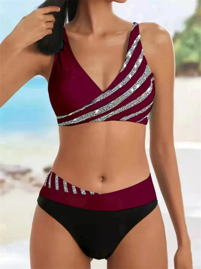 Conjunto de bikini con cuello en V 2024 para mujer, traje de baño de verano con estampado de rayas y patchwork, ropa de playa, traje de baño para mujer, talla 2XL