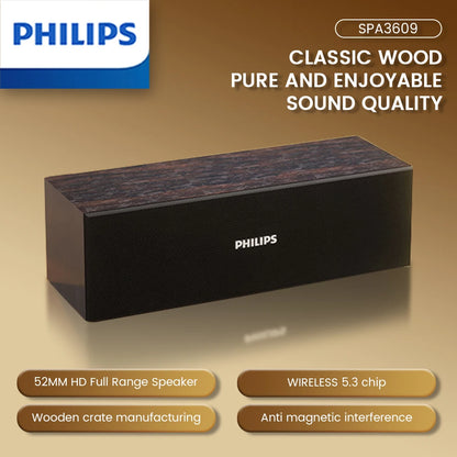 Altavoz de escritorio PHILIPS SPA3609 con controlador dinámico de 53 mm, voz humana pura, efecto de sonido envolvente y diseño de carcasa de madera.