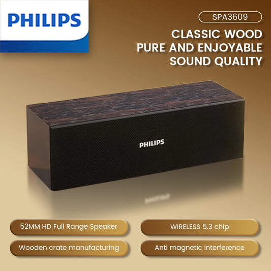 Altavoz de escritorio PHILIPS SPA3609 con controlador dinámico de 53 mm, voz humana pura, efecto de sonido envolvente y diseño de carcasa de madera.