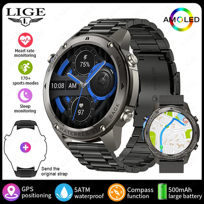 Nuevo reloj inteligente para exteriores para hombre, batería de larga duración de 500 mAh, pantalla AMOLED, resistente al agua hasta 5 ATM, monitor de ritmo cardíaco, GPS, reloj inteligente militar.