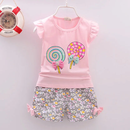 Conjuntos de ropa para niñas pequeñas, camisetas y pantalones cortos, conjuntos de ropa de verano con estampado de piruletas.