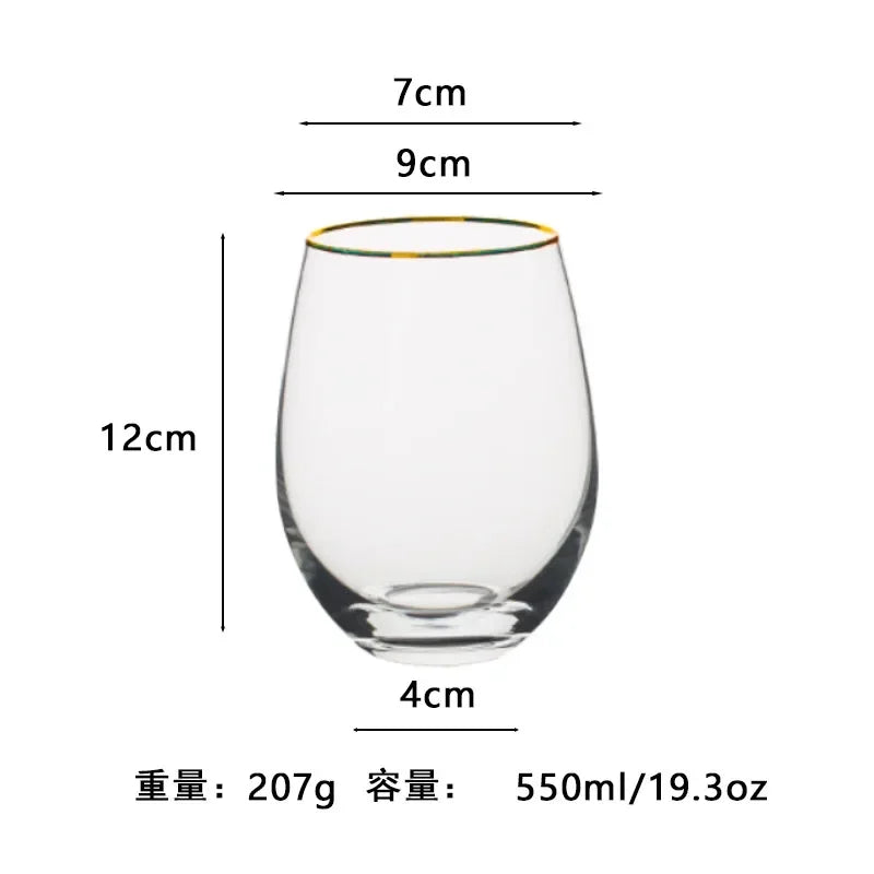 Vaso de agua redondo transparente de vidrio de alta calidad, colorido, con forma de huevo, resistente al calor, con borde dorado, para jugo, para uso doméstico.