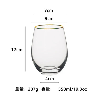 Vaso de agua redondo transparente de vidrio de alta calidad, colorido, con forma de huevo, resistente al calor, con borde dorado, para jugo, para uso doméstico.