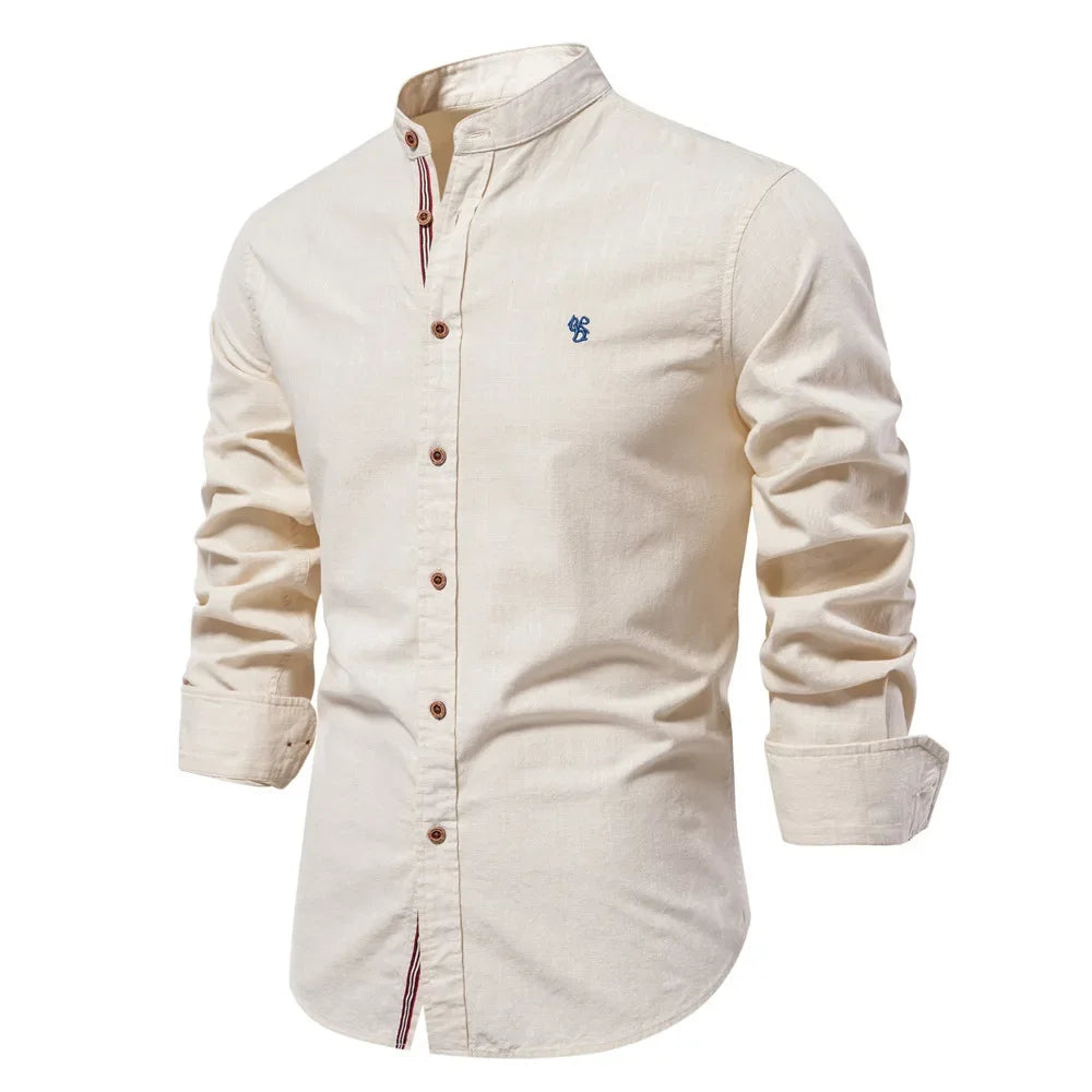 Camisa de lino 100% algodón para hombre, camisas de marca con bordado de color liso, blusas informales de manga larga de alta calidad con botones
