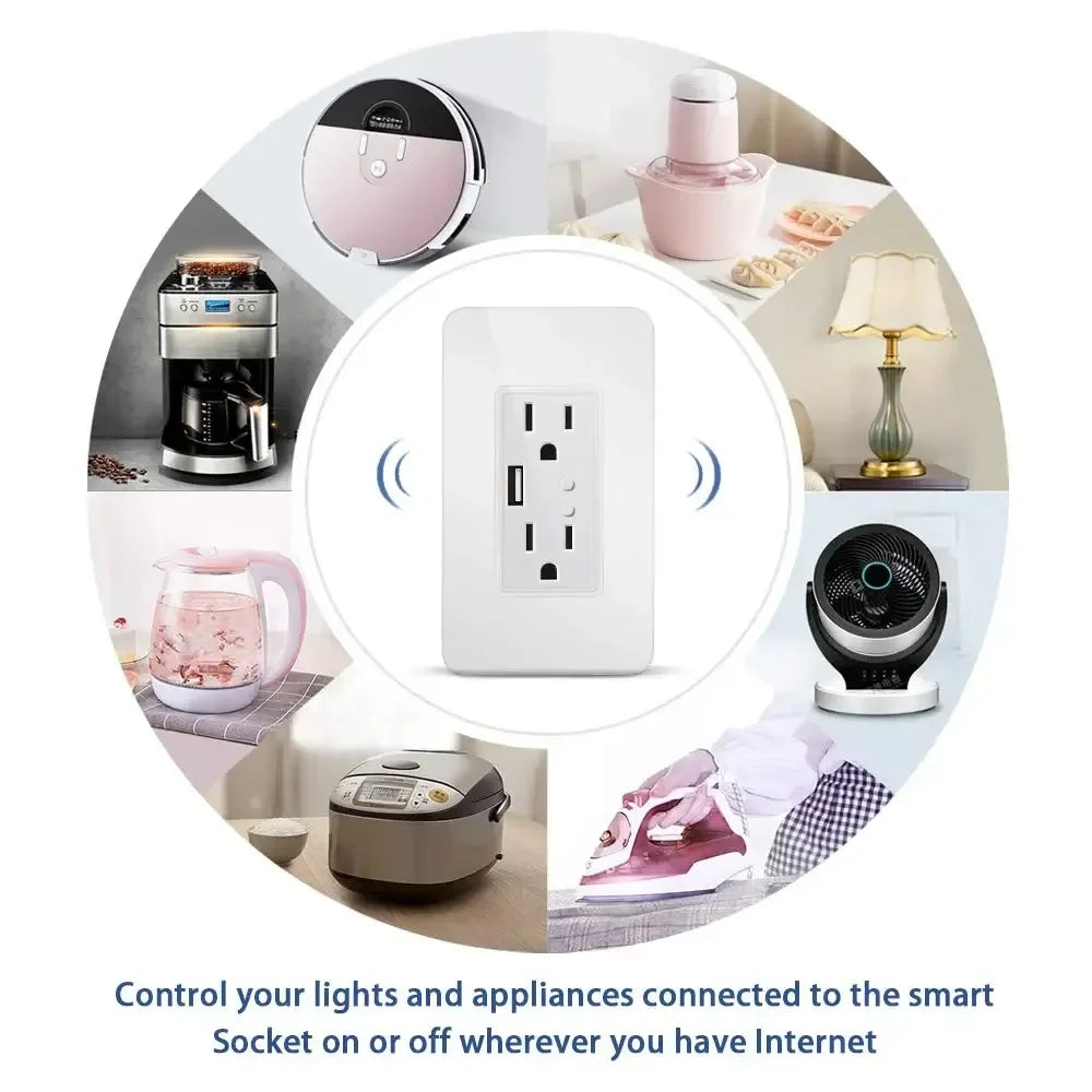 Enchufe de pared inteligente Melery con WiFi, tomas de corriente estadounidenses, cargador USB, interruptor independiente y control remoto compatible con Alexa y Google Home.