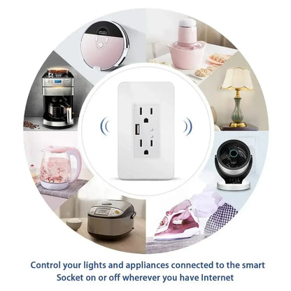Enchufe de pared inteligente Melery con WiFi, tomas de corriente estadounidenses, cargador USB, interruptor independiente y control remoto compatible con Alexa y Google Home.
