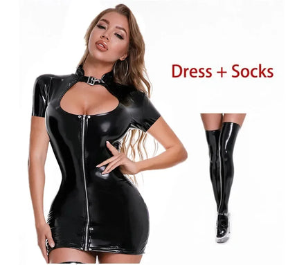 Women Sexy PVC Leather Dress with Stockings Gloves Shiny Latex Bag Hip Skirt Breast Exposing Porno Mini Dress