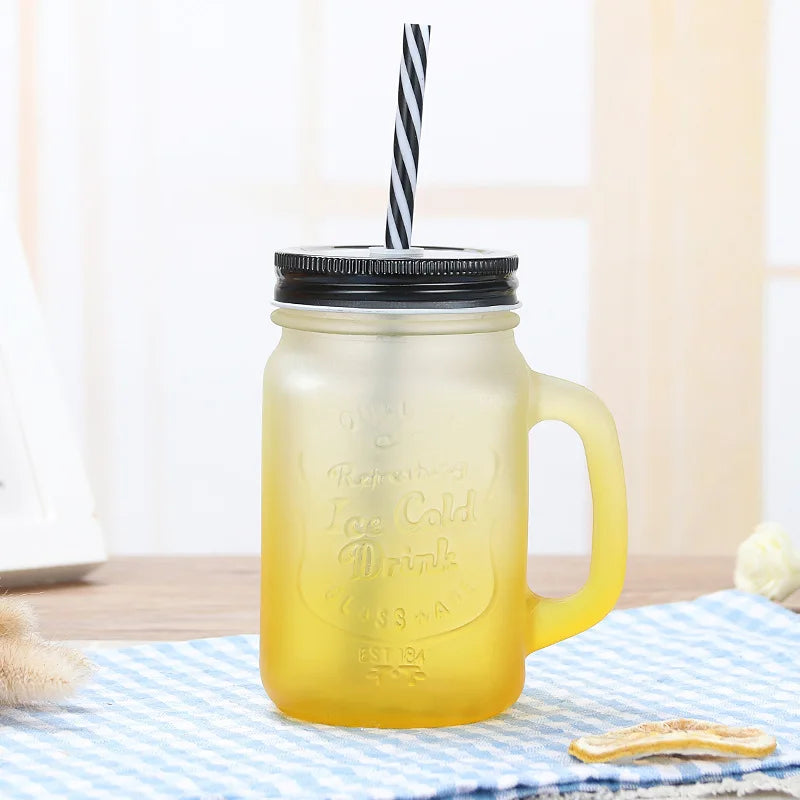 Jarra de vidrio de 480 ml, 500 ml y 16 oz con tapa de hierro y pajita de plástico, cuadrada, con degradado de color.