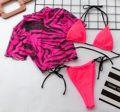 Conjunto de bikini sexy de 3 piezas para mujer, traje de baño de manga corta con estampado de leopardo, estilo tanga de playa 2024