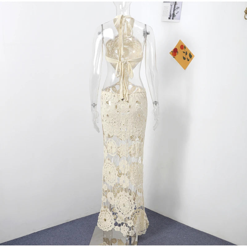 Vestido largo de punto con cuello halter y estampado floral, sexy, sin mangas y con espalda descubierta, estilo maxi, colección 2024. Ideal para la playa y las vacaciones.