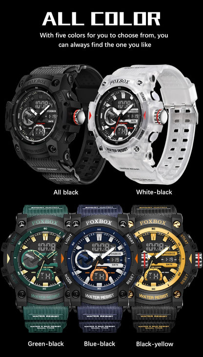 FOXBOX TOP Relojes para hombre, reloj de pulsera de cuarzo, resistente al agua, con pantalla de doble horario, reloj militar para hombre, reloj para hombre + CAJA