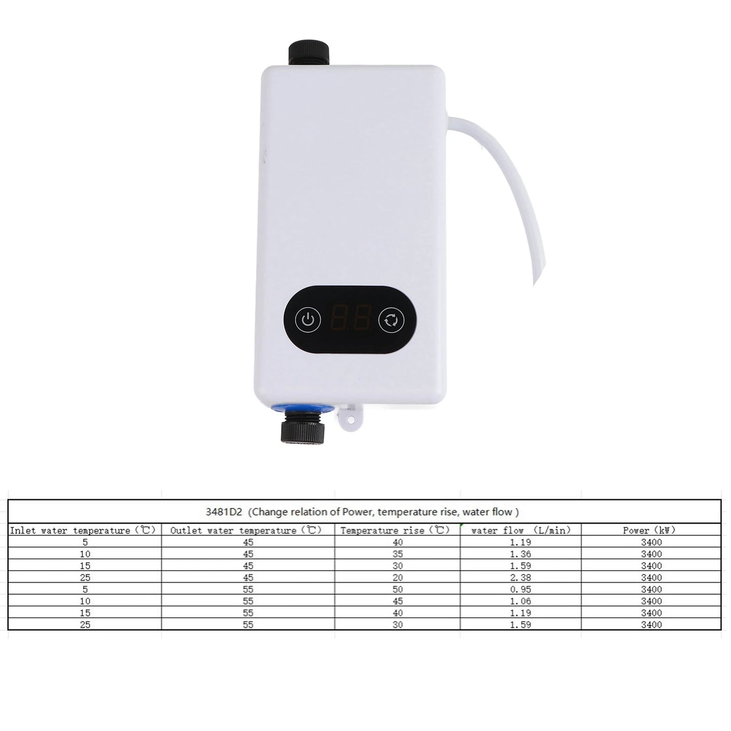 Calentador de agua eléctrico instantáneo con función de memoria, convertidor de frecuencia y temperatura constante. 220 V, 3400 W.