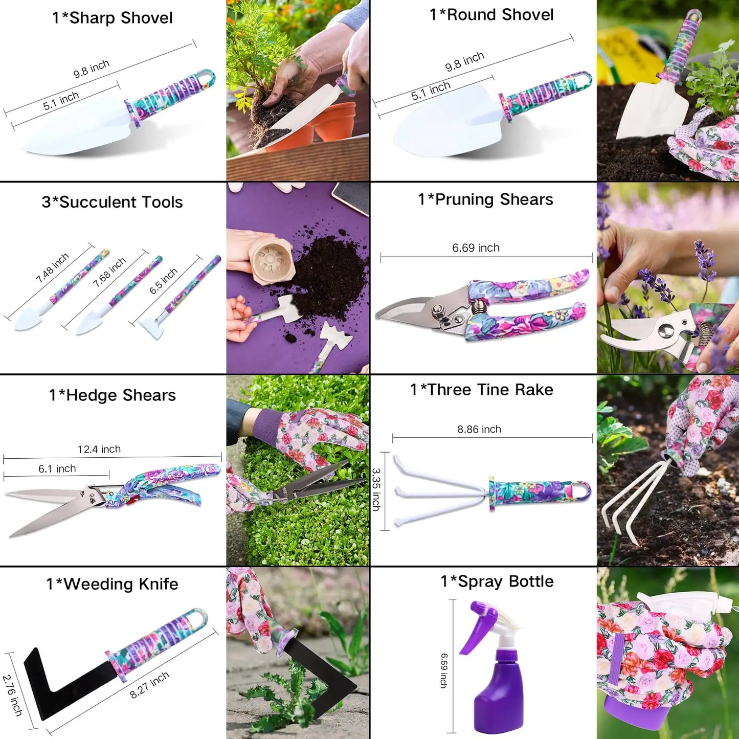 Juego de herramientas de jardinería (10 piezas), tijeras de podar, tijeras de jardinería, cultivador, paleta de trasplante, pulverizador de tierra, herramientas de plantación al aire libre.