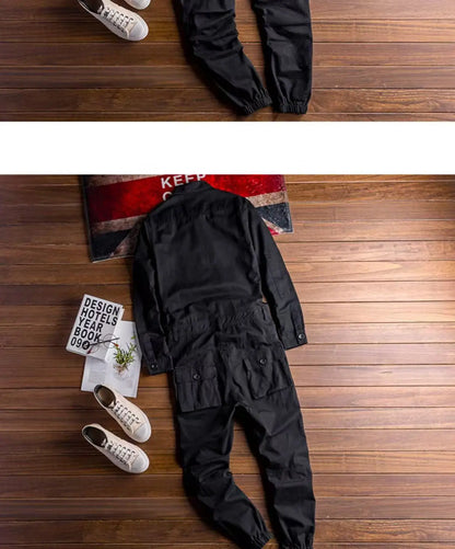 Spring Overalls Men's Jumpsuit Loose Long Sleeve Cotton Cargo Pants Black Yellow Workwear Trousers Working Uniform Rompers