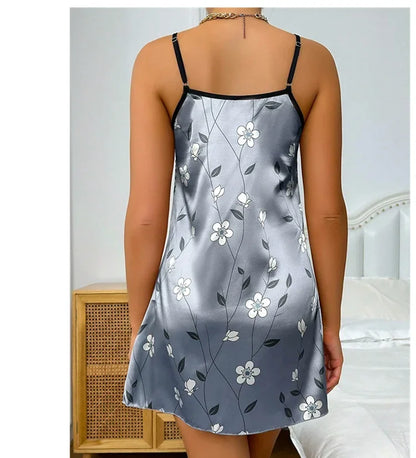 Camisón de satén con estampado floral para mujer, ropa de dormir informal sin mangas y sin espalda, sexy, para el hogar