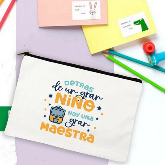 Bolsas de almacenamiento para útiles escolares, estuches para lápices con estampado de arcoíris para profesores en español, neceser de viaje, bolsa de maquillaje para regalo