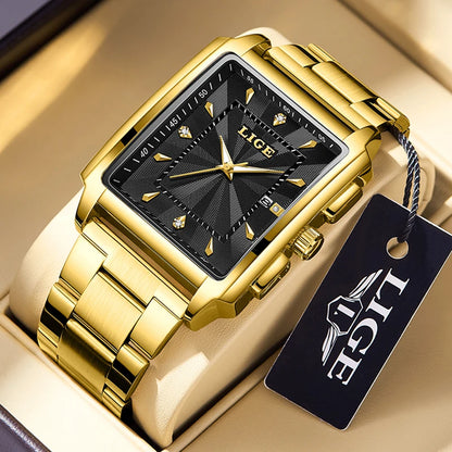 LIGE - Reloj de negocios de moda para hombre, cuadrado, deportivo, resistente al agua, marca superior, de lujo, militar, de cuarzo, cronógrafo de pulsera
