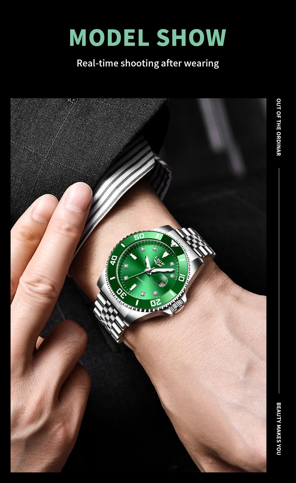 Reloj de lujo LIGE para hombre, reloj de cuarzo con esfera engastada de diamantes, resistente al agua, calendario, mariposa, doble cierre, acero inoxidable.