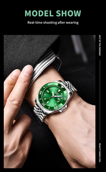 Reloj de lujo LIGE para hombre, reloj de cuarzo con esfera engastada de diamantes, resistente al agua, calendario, mariposa, doble cierre, acero inoxidable.