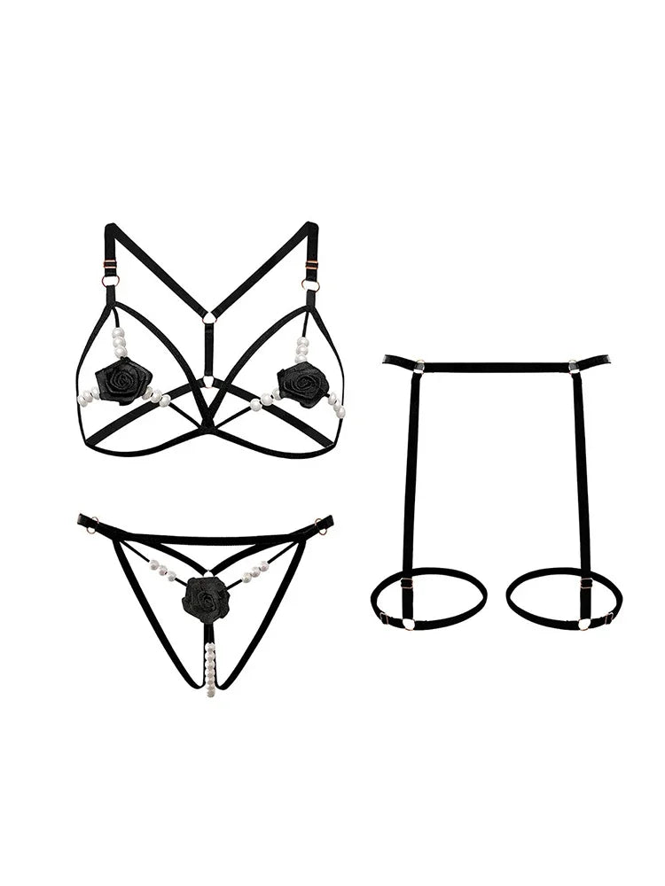 Lencería sexy para mujer, ropa interior abierta con abertura anal, sujetador con perlas huecas, pijama sexy de encaje, disfraz erótico de 3 piezas