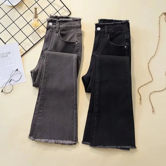 Pantalones vaqueros negros de cintura alta, elásticos y adelgazantes para mujer, con microcampana, pierna recta, corte holgado, pierna ancha, con flecos y parte inferior a la moda.