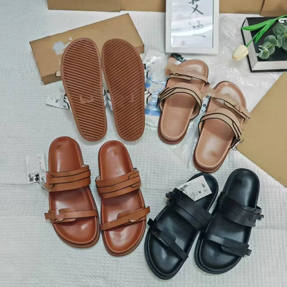 Sandalias planas de tacón grueso para mujer, sin cordones, de piel sintética, con suela de PVC, transpirables, con punta abierta, informales y cómodas.