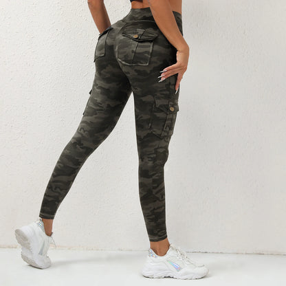 Pantalones de yoga con estampado digital, con bolsillo, sin costuras, tipo leggings de camuflaje para fitness, elásticos y ajustados para deporte.