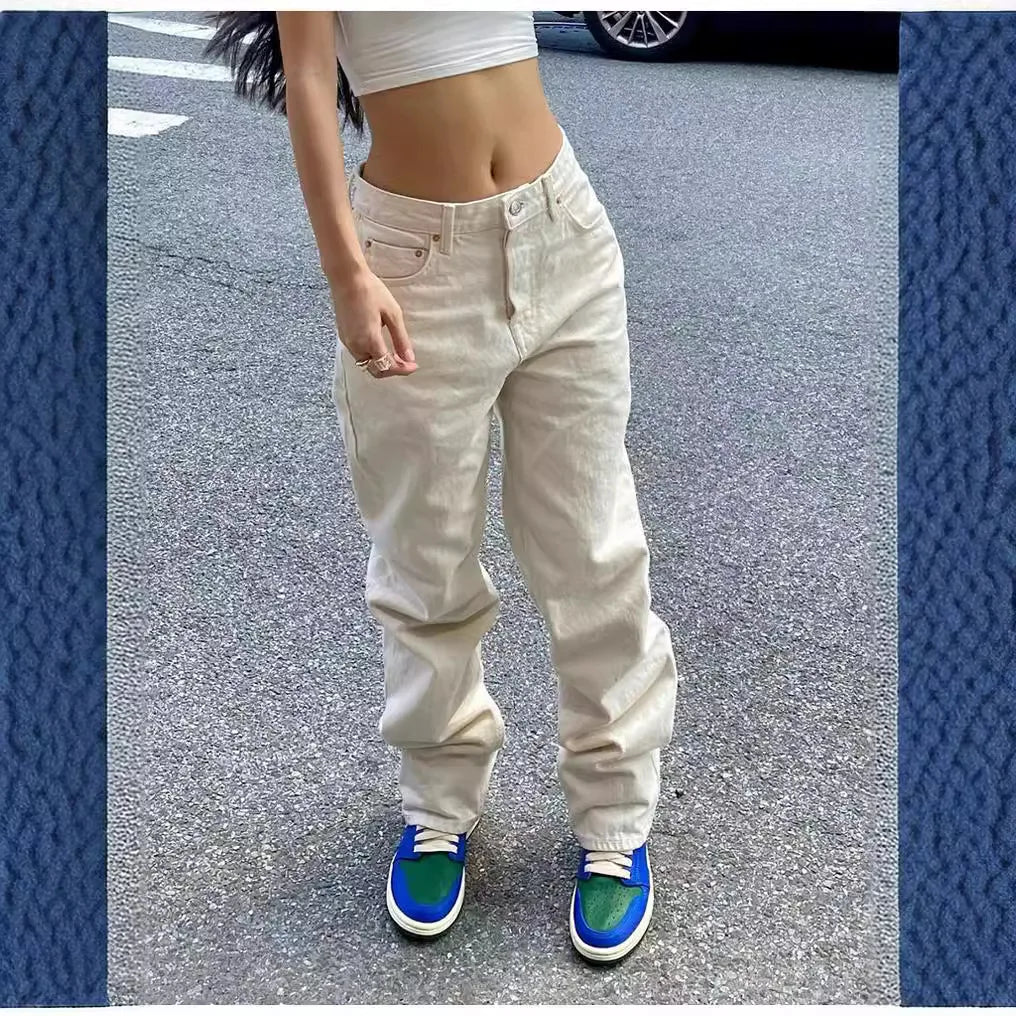 Pantalones vaqueros de mujer de longitud completa, de mezclilla desgastada lisa, rectos, con bolsillos, holgados, informales, de cintura media, básicos, con cremallera y cierre de cremallera, lavado plano