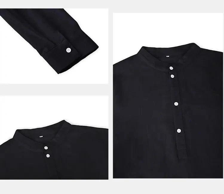 Camisas nuevas de algodón y lino para hombre, camisas casuales, de color liso, ligeras, de manga larga, estilo Henley, playeras, camisetas hawaianas para hombre.