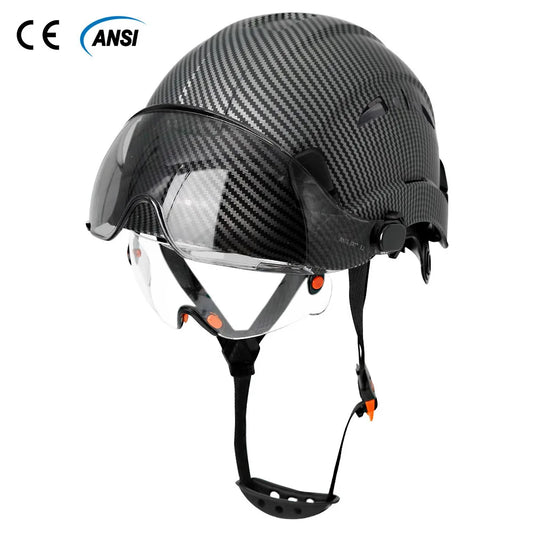 Casco de seguridad con patrón de fibra de carbono y gafas de doble visera para ingenieros, casco de seguridad CE ANSI ABS, gorra de trabajo industrial, rescate