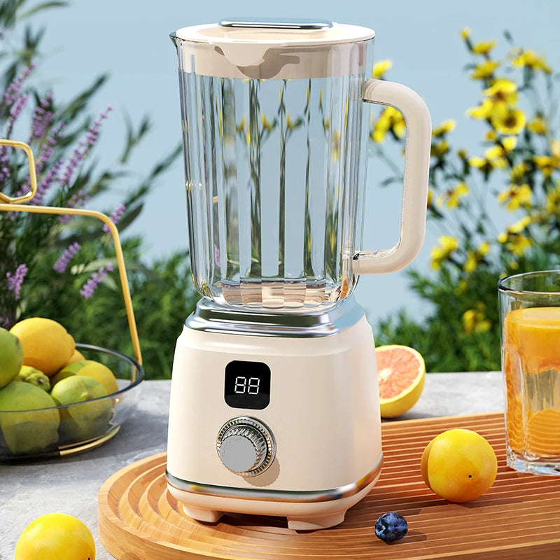 Mini exprimidor de frutas portátil con pantalla LED y carga USB para uso doméstico, ideal para preparar batidos y licuados, jugos recién exprimidos.