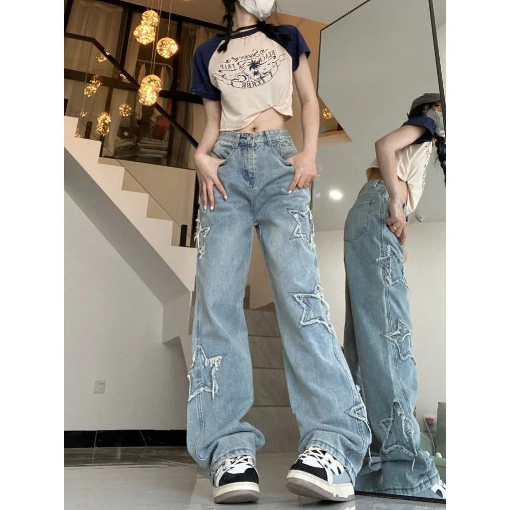 Pantalones vaqueros de calle estilo retro americano para mujer, primavera y otoño, nuevo diseño, bordados, cintura alta, finos, pierna ancha, tendencia