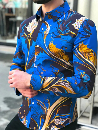 Camisa floral de manga larga para hombre, elegante y sofisticada, ideal para actividades al aire libre, negocios y eventos sociales. Corte recto con solapa y botonadura sencilla.