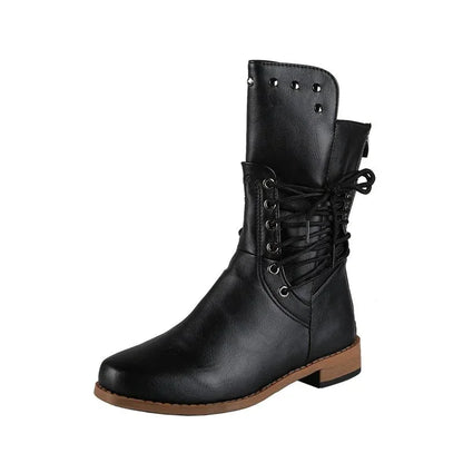 Botas de media caña con remaches para mujer, botines de caballero a la moda, estilo británico, para otoño e invierno, con cordones cruzados, de PU