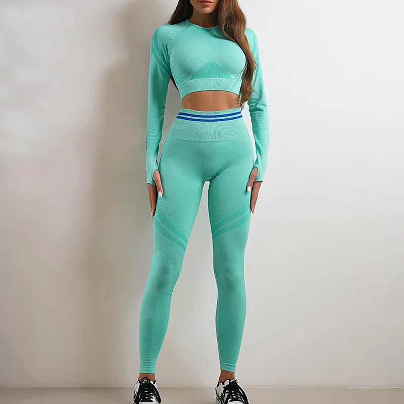Conjuntos de ropa deportiva de media pieza sin costuras para mujer, conjuntos de gimnasio de manga larga, sujetador deportivo de yoga, leggings push up y mallas deportivas.