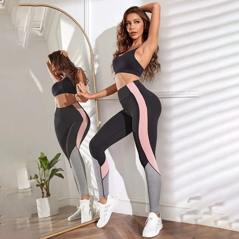 Leggings de yoga de cintura alta con bloques de color para mujer, leggings de entrenamiento con control de abdomen para mujer