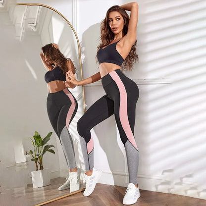 Leggings de yoga de cintura alta con bloques de color para mujer, leggings de entrenamiento con control de abdomen para mujer