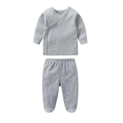 Conjunto de ropa para bebé, niño y niña, camiseta de manga larga de algodón con botones abiertos, pantalones de color liso, conjuntos de primavera para bebé.