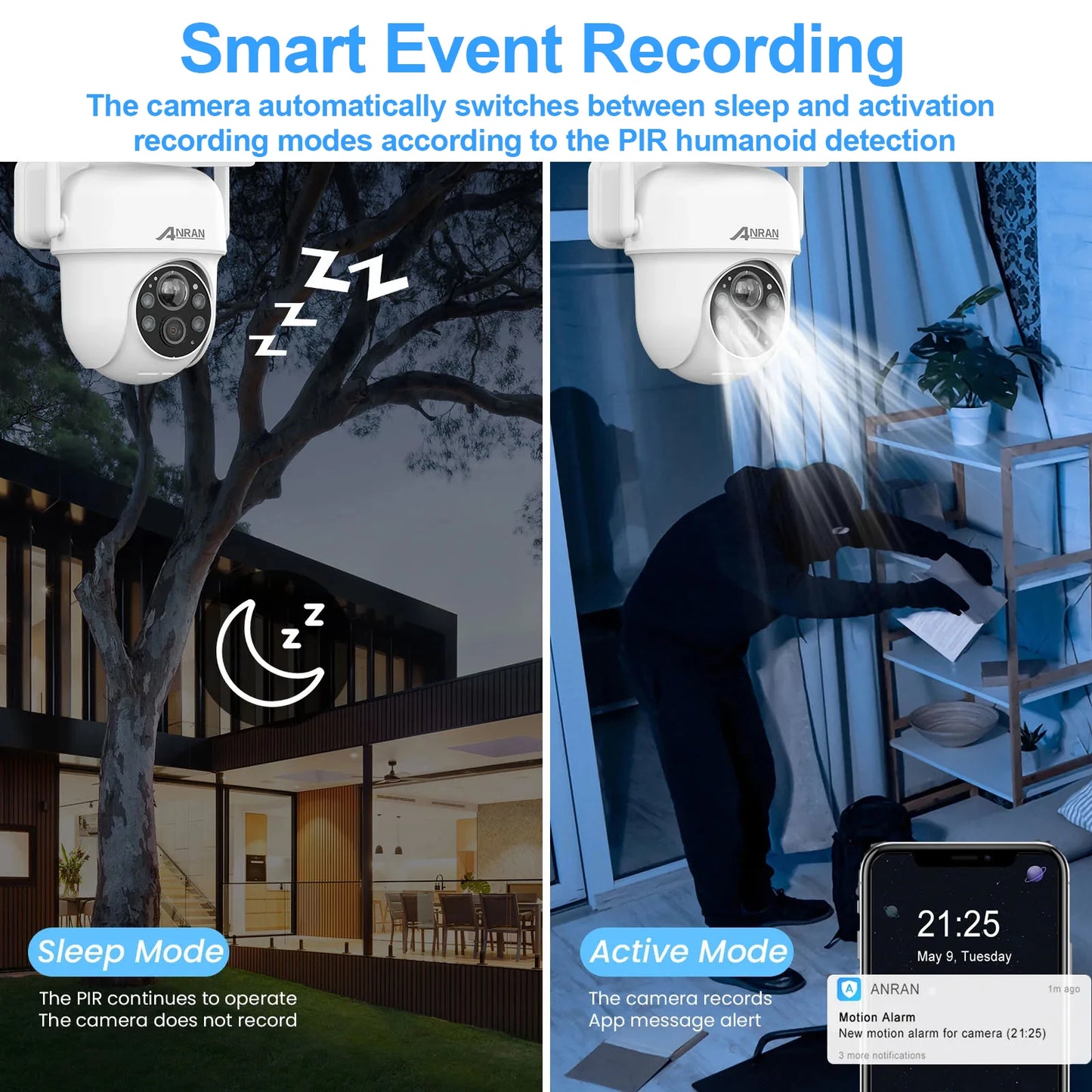 Cámara solar ANRAN 2K 3/5MP 2.4G Wifi, vigilancia y seguridad para el hogar, con batería, detección PIR y audio bidireccional.