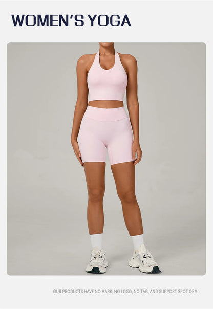 Ctenkevet - Conjunto de 2 piezas de sujetador halter sin espalda para mujer, ropa deportiva de secado rápido para gimnasio, conjunto deportivo femenino de dos piezas con pantalones cortos