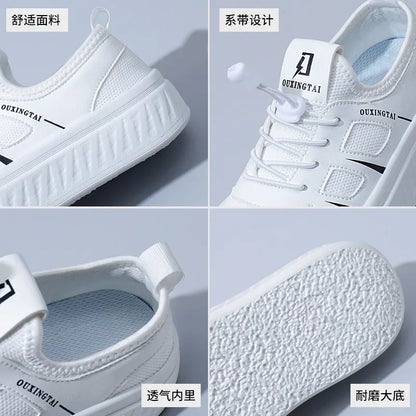 Nueva versión coreana de primavera de zapatos blancos transpirables para mujer con cordones casuales de caña baja para cualquier suela gruesa.