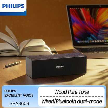 Altavoz de escritorio PHILIPS SPA3609 con controlador dinámico de 53 mm, voz humana pura, efecto de sonido envolvente y diseño de carcasa de madera.