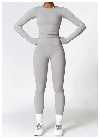 2PCS Seamless Yoga Set Women Workout Set Sportswear Gym Clothing Fitness Long Sleeve Crop Top High Waist Leggings Sports Suits