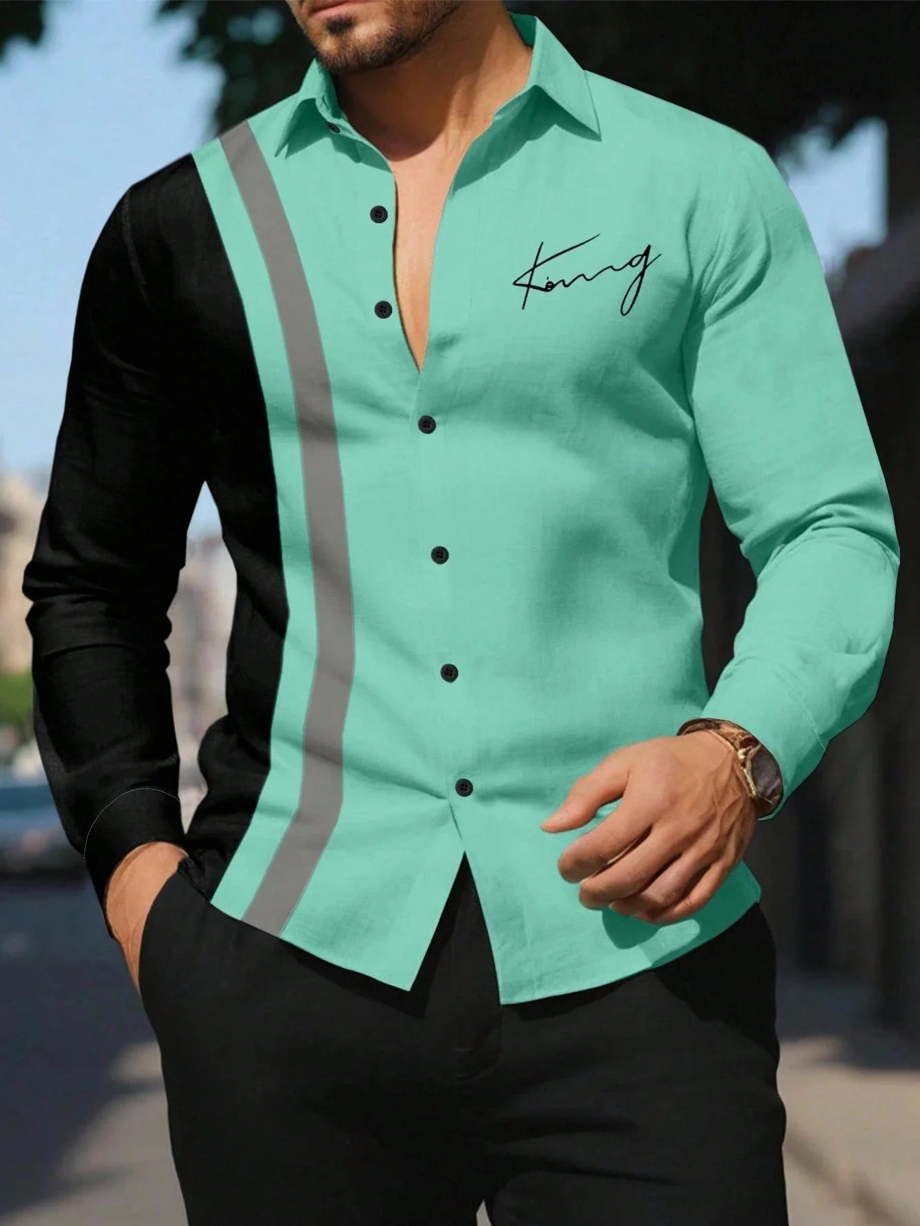 Camisa de hombre nueva, moderna, con estampado de rayas y patchwork; camisa de manga larga, cómoda y transpirable, de estilo informal elegante.