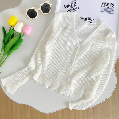 Ropa para niños, cárdigan de punto para niñas, novedad de verano 2025, estilo extranjero, camisa fina con protección solar para bebés.