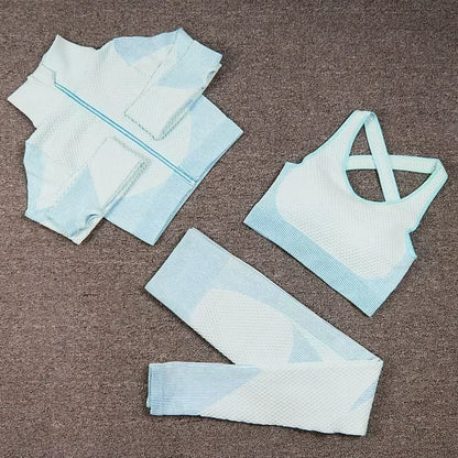 Conjunto de 3 piezas de yoga sin costuras, chaleco deportivo de fitness, pantalones de cintura alta que levantan la cadera, ropa de entrenamiento, conjunto de leggings de gimnasio para mujer