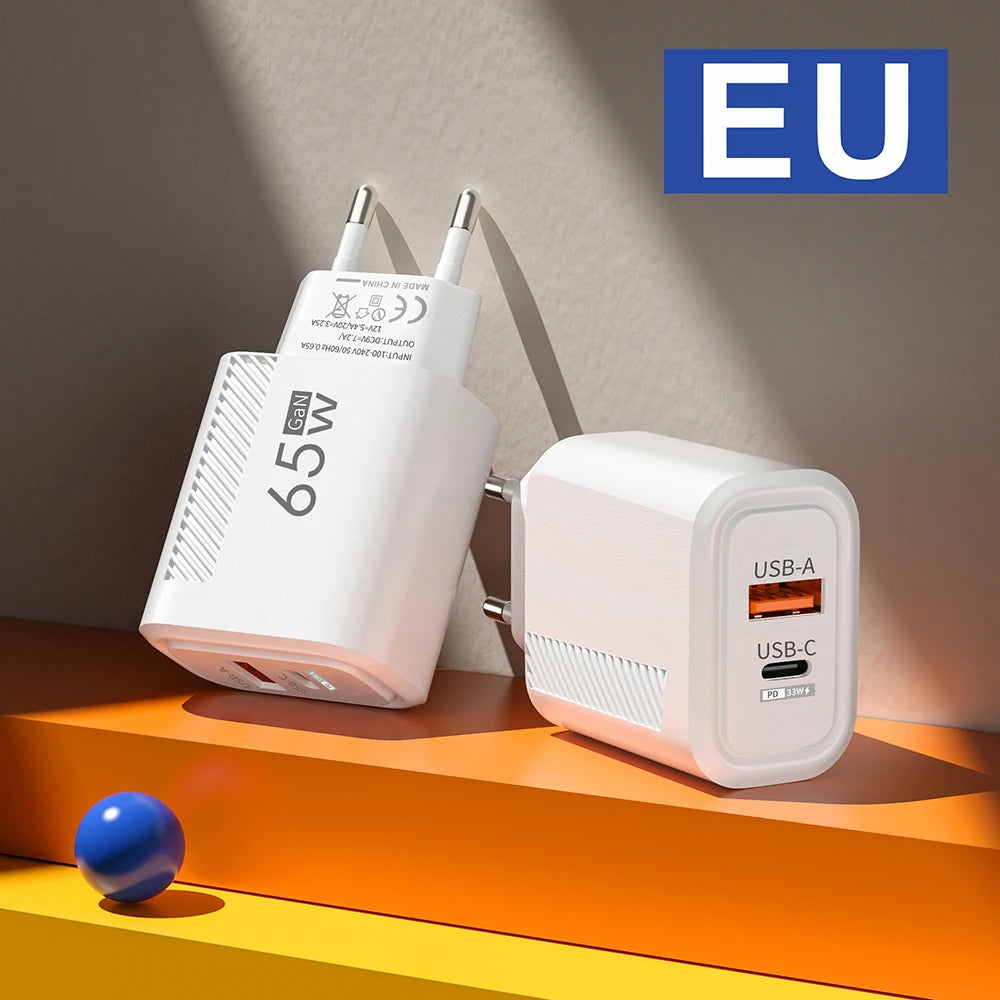 Cargador GaN USB-C de carga rápida de 65 W para teléfonos móviles, adaptador de enchufe UE/EE. UU. para iPhone, Samsung y Xiaomi, cargador de pared tipo C de carga rápida.
