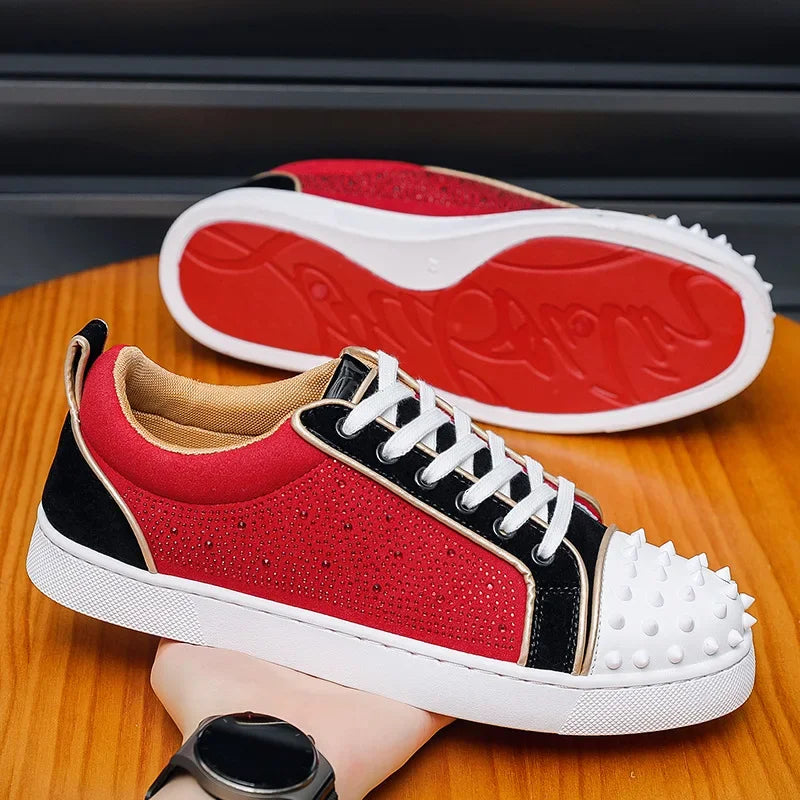 Zapatos casuales CL de suela roja para hombre, con remaches, para discoteca, zapatillas deportivas bajas, transpirables, de tacón plano, para suelo de cemento.
